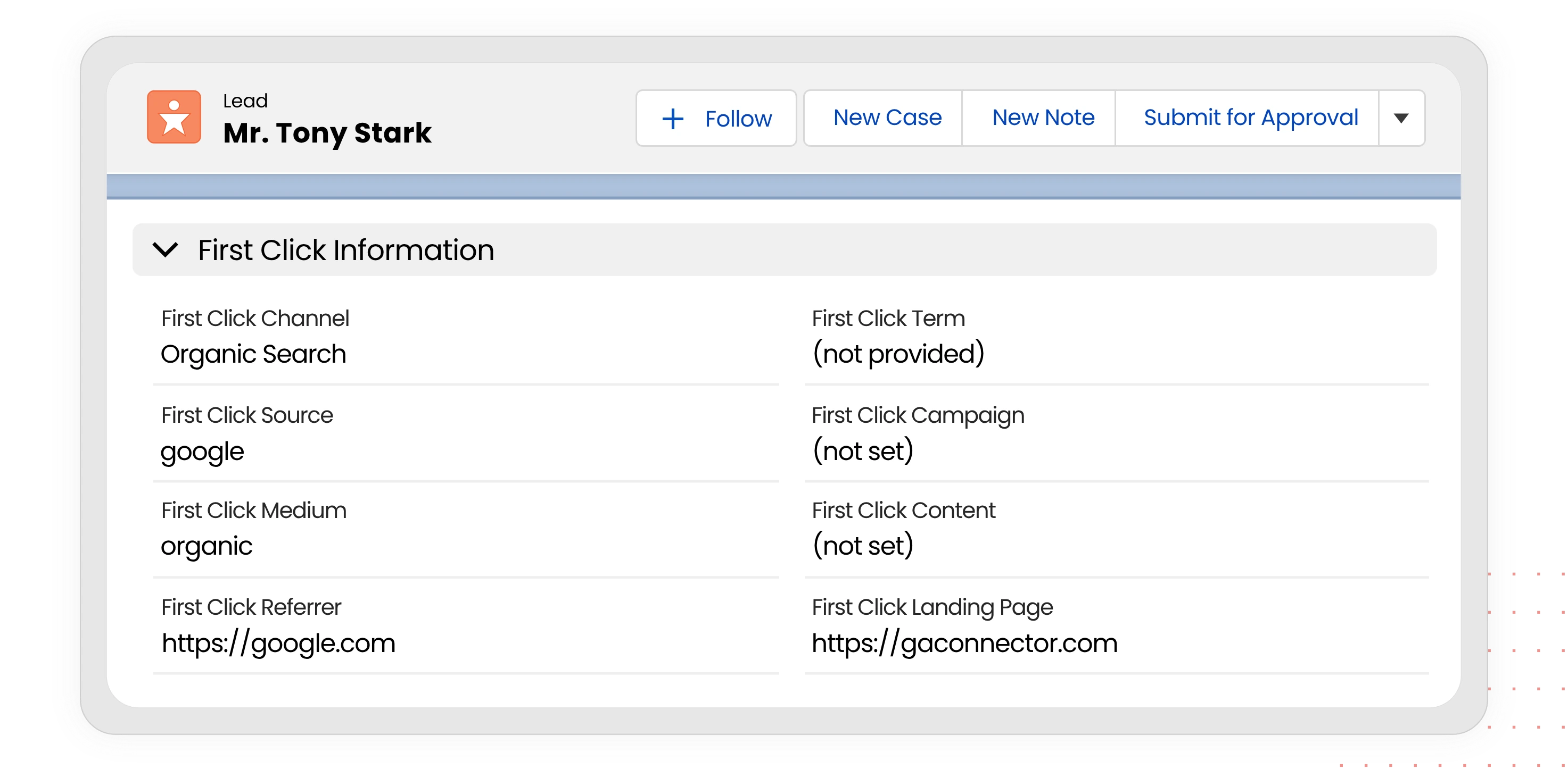 GA Connector first click tracking in a CRM lead record: channel, source, medium, keyword, campaign, referrer and landing page