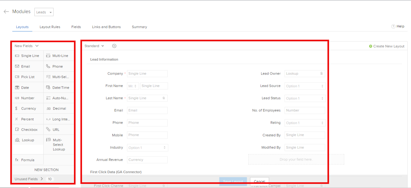 Standard Layout Zoho CRM